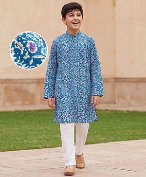 Pine Kids Cotton Woven Full Sleeves Floral Printed Kurta Pajama Set - Blue