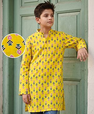 Pine Kids Cotton Woven Full Sleeves Printed Kurta - Yellow