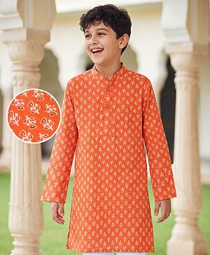 Pine Kids Cotton Woven Full Sleeves Floral Printed Kurta - Orange