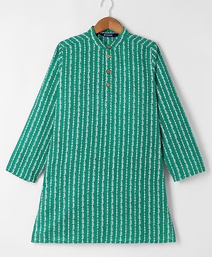 Pine Kids Cotton Woven Kurta with Full Sleeves and Striped Print - Green