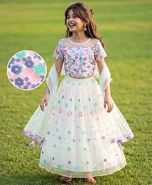 Pine Kids Woven Half Sleeves Choli & Lehenga Set With Dupatta - Cream