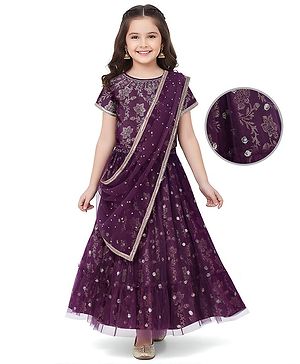 Pine Kids Woven Half Sleeves Foil Print & Floral Embroidered Lehenga Choli With Dupatta - Wine