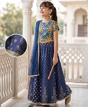 Pine Kids Woven Half Sleeves Floral Printed Choli & Lehenga Set With Dupatta - Blue