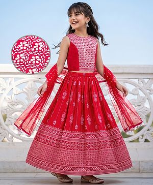 Pine Kids Woven Flared Lehenga Choli and Dupatta Set with Sleeveless and Floral Embroidery - Pink