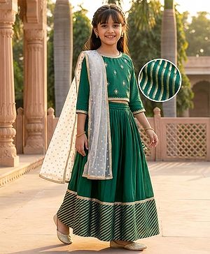 Pine Kids Woven Full Sleeves Floral Embroidered Choli Lahenga Set with Dupatta - Dark Green