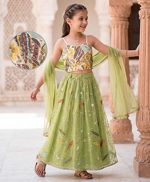 Pine Kids Woven Sleeveless Floral Sequinned Choli & Lehegnga Set With Dupatta - Lime Green