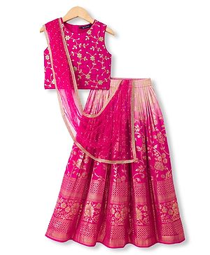 Pine Kids Woven Sleeveless Floral Embroidered Choli & Lehenga Set With Dupatta - Dark Pink