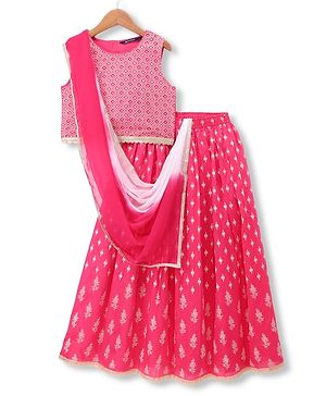 Pine Kids Woven Sleeveless Printed Choli & Lehenga Set With Dupatta - Dark Pink