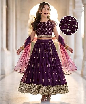 Pine Kids Woven Half Sleeves Lehenga Choli & Dupatta Set With Stone Embellishment - Wine