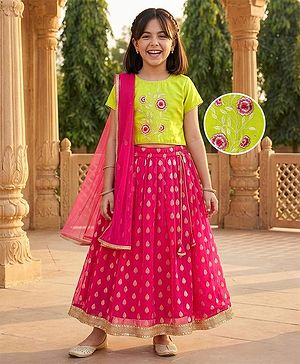 Pine Kids Woven Half Sleeves Floral Embroidered & Leaves Foil Printed Lehenga Choli Set With Dupatta - Limegreen