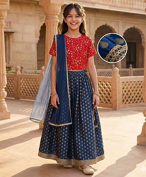 Pine Kids Woven Half Sleeves Floral Sequinned & Foil Printed Lehenga & Choli Set With Dupatta - Red & Navy Blue
