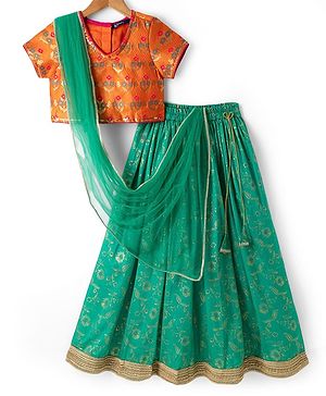 Pine Kids Woven Half Sleeves Lehenga Choli & Dupatta Set With Floral Print - Orange & Green