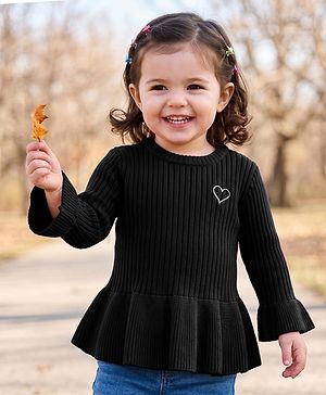 Babyhug Knit Full Sleeves Hearts Embroidered Pullover Sweater - Black