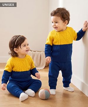 Babyhug Knit Full Sleeves Color Block Sweater Set - Yellow