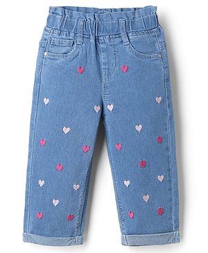 Babyhug Denim Full Length Washed Jeans with Hearts Embroidery in Light/Sky Blue