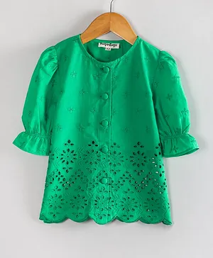 Hugsntugs Cotton Woven Half Puffed
                              Sleeves Floral Schiffli Embroidered Top -
                              Green