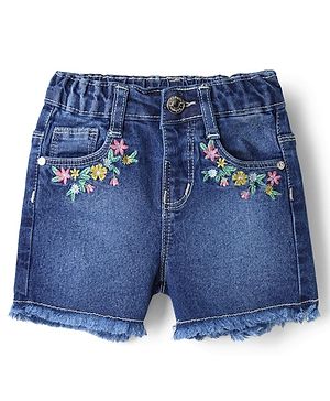 Babyhug Cotton Lycra Mid Thigh Floral Embroidered Denim Shorts - Navy Blue