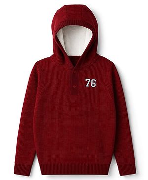 Pine Kids Knit Full Sleeves Hooded Sweaters With Numeric Text Embroidery - Red