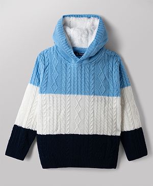 Pine Kids Knit Full Sleeves Striped Hooded Sweater With Cable Knit - Light Blue