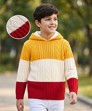 Pine Kids Knit Full Sleeves Colour Block Hooded Pullover with Cable Knit Design - Golden  White & Maroon