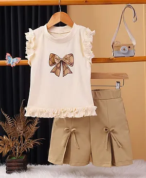 TOONYPORT Cotton Blend Knit Frill
                              Sleeves Bow Applique Detailed Printed Tee
                              & Shorts Set - Cream