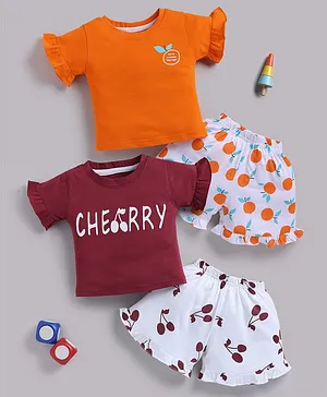blushh berry Cotton Knit Pack Of 2
                              Half Sleeves Orange & Cherry Text
                              Printed Top & Shorts Set - Orange
                              & Maroon