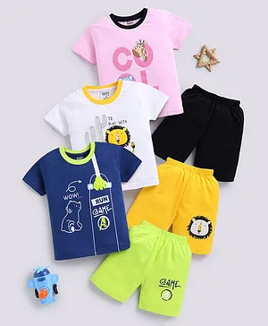 blushh berry Cotton Knit Pack Of 3
                              Half Sleeves Animal & Typography
                              Printed Tee & Shorts Set - Pink White
                              & Blue