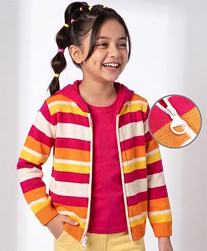 Pine Kids Knit Full Sleeves Front Open Hooded Striped Sweaters With Inner West - Red