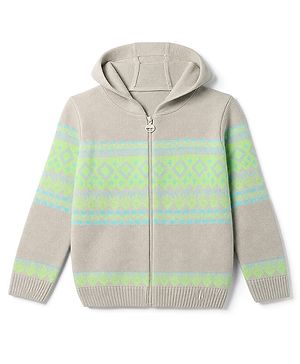 Pine Kids Knit Full Sleeves Hooded  Front Open Sweaters with Geometric Design - Beige