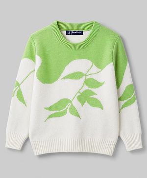 Pine Kids Knit Full Sleeves Leafy Designed Pullover - Light Green