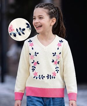 Pine Kids Knit Full Sleeves Floral Embroidered Pullover - Off White