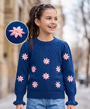 Pine Kids Knit Full Sleeves Pullover with Floral Embroidery - Navy