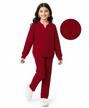 Pine Kids Knit Full Sleeves Polo Collar Solid Sweater Set with Cable Knit Design - Dark Red
