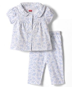 Babyhug 100% Cotton Knit Half Sleeves Front Open Co-Ords Floral Printed Top & Pajama Night Suit - White & Blue