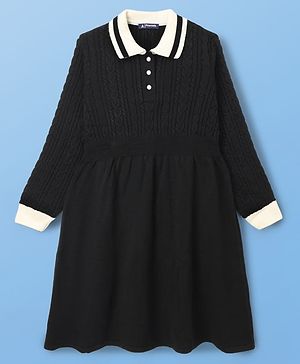 Pine Kids Knit Full Sleeves Woollen Dress with Cable Knit Design - Black