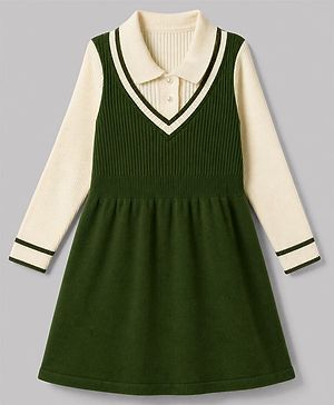 Pine Kids Knit Full Sleeves Solid Woolen Dress - Green