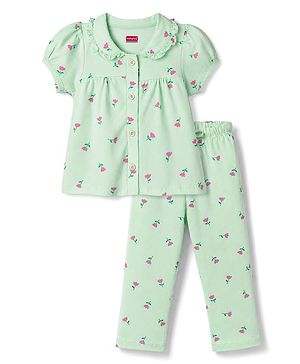 Babyhug 100% Cotton Knit Half Sleeves Front open Co-Ords Top & Pajama Night Suit with Floral Print - Sea Green