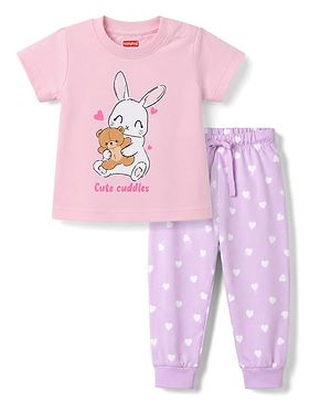 Babyhug 100% Cotton Knit Half Sleeves T-Shirt & Pyjama Night Suit With Heart & Bunny Print - Pink