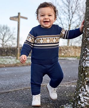 Babyhug Knit Sweater and Pants Set with Full Sleeves and Bear Placement Design in Navy Blue for 0-3 Months