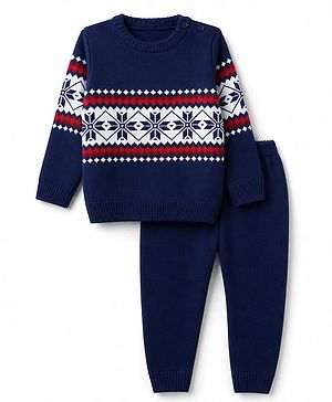 Babyhug Knit Full Sleeves Sweater Set with Abstract Design - Navy Blue