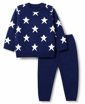 Babyhug Knit Full Sleeves Sweater Set with Star Design - Navy Blue