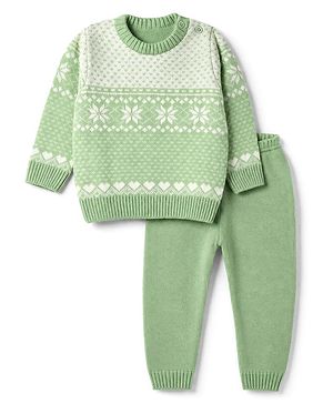 Babyhug Knit Full Sleeves Sweater Set with Floral & Heart Design - Green