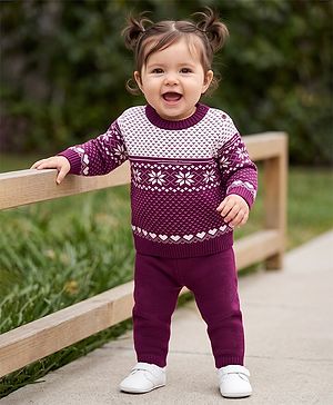 Babyhug Female Knit Full Sleeves Sweater Set with Floral & Heart Design - Wine
