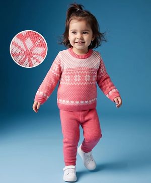 Babyhug Knit Full Sleeves Sweater Set With Floral Design - Pink