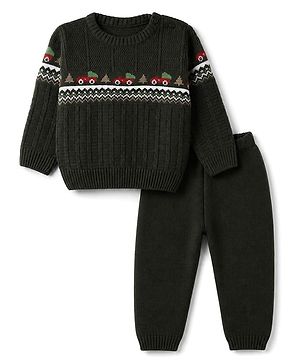 Babyhug Knit Full Sleeves Sweater Set with Loading Truck Design - Dark Green