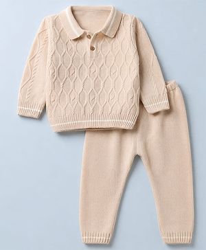 Babyhug Knit Full Sleeves Sweater Set with Cable Knit Design - Beige