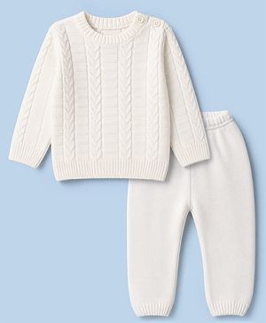 Babyhug Knit Full Sleeves Sweater Set With Cable Knit Design - White