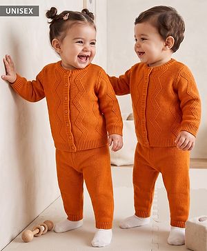 Babyhug  knit Full Sleeves Solid Sweater Set - Coral