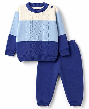 Babyhug Knit Full Sleeves Sweater Set with Color Block Design - Blue
