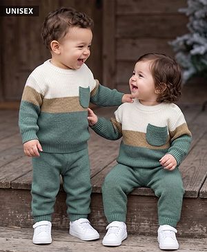 Babyhug Knit Full Sleeves Sweater Set with Color Block Design - Green